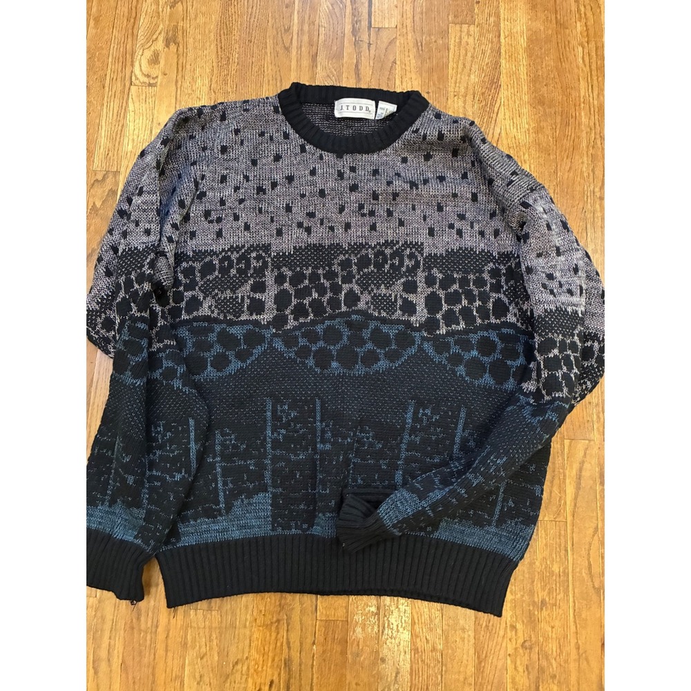 Vintage J Todd Abstract Geometric Knit Sweater Mens Large Black Grey Teal Large